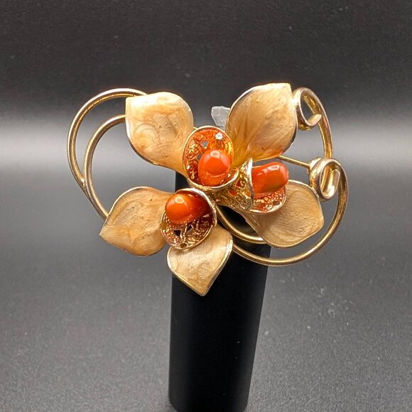 Source Unknown Jewelry - Flower Brooch with Orange Coral Cabochons - 1960's - Vintage
